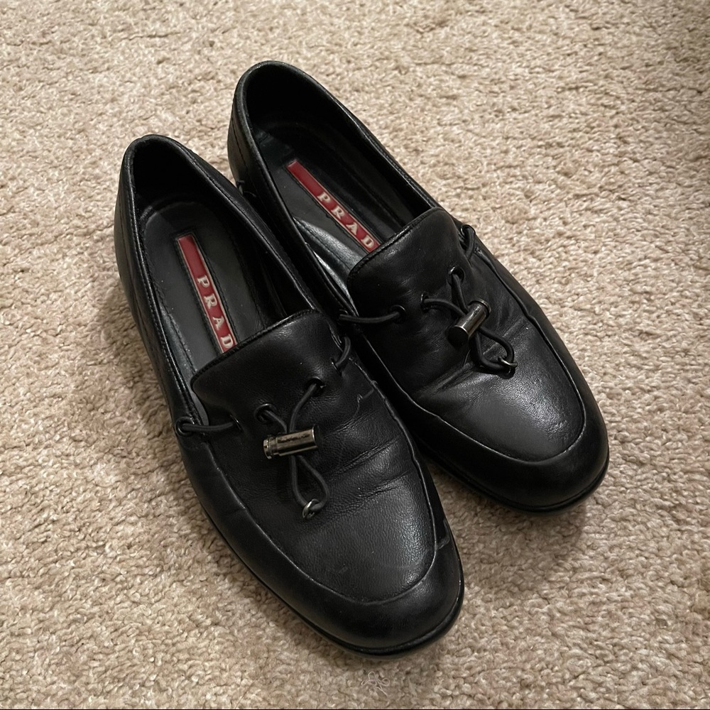 Prada 36.5 Black Leather Slip On Flats Shoes Loafers